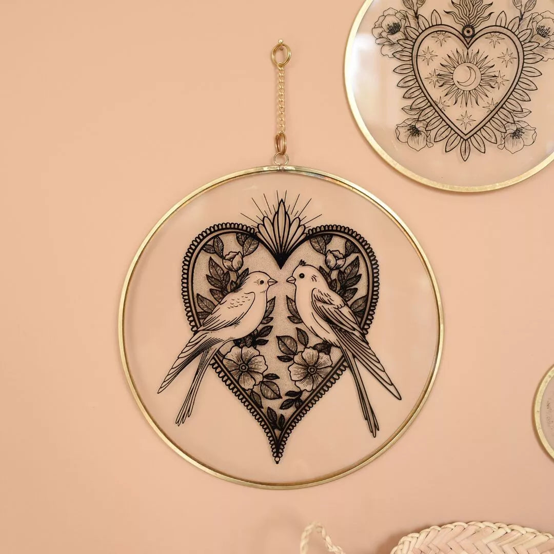 Baubels Birds Printed Glass Brass-rimmed for Wall Decoration