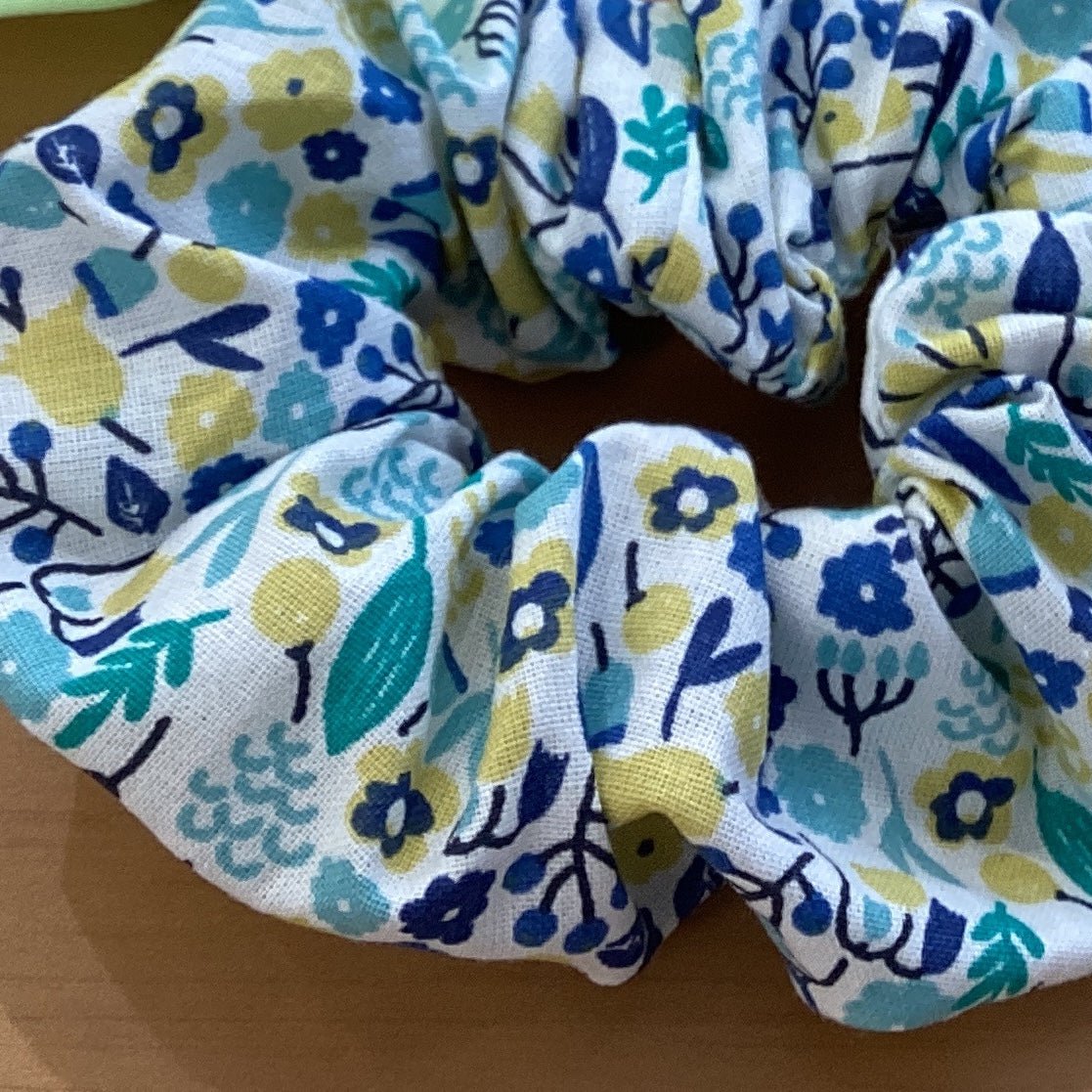 Green Yellow Hair Scrunchy Flower Pattern