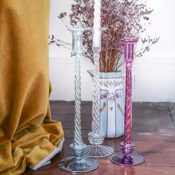 Delicate Candle Glass Holders Pink Green and Transparent