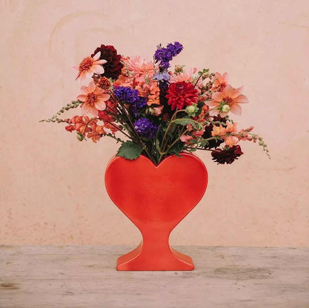 TotCor Red Vase Heart Shaped with Flowers