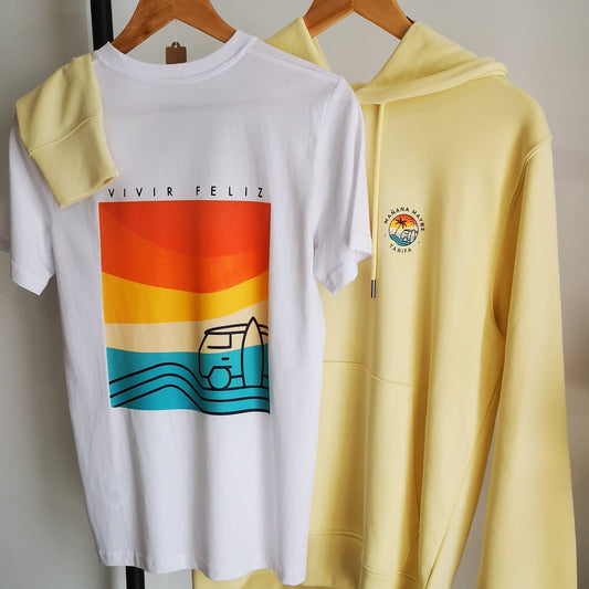 Camiseta GOTS unisex de algodón orgánico blanca Vivir Feliz