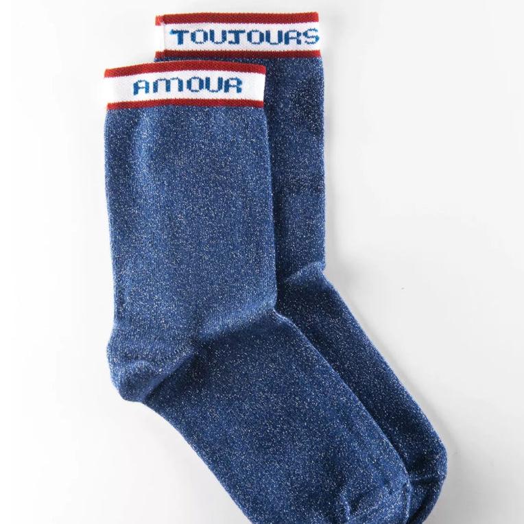 Pair of blue socks with french text Amour Toujours
