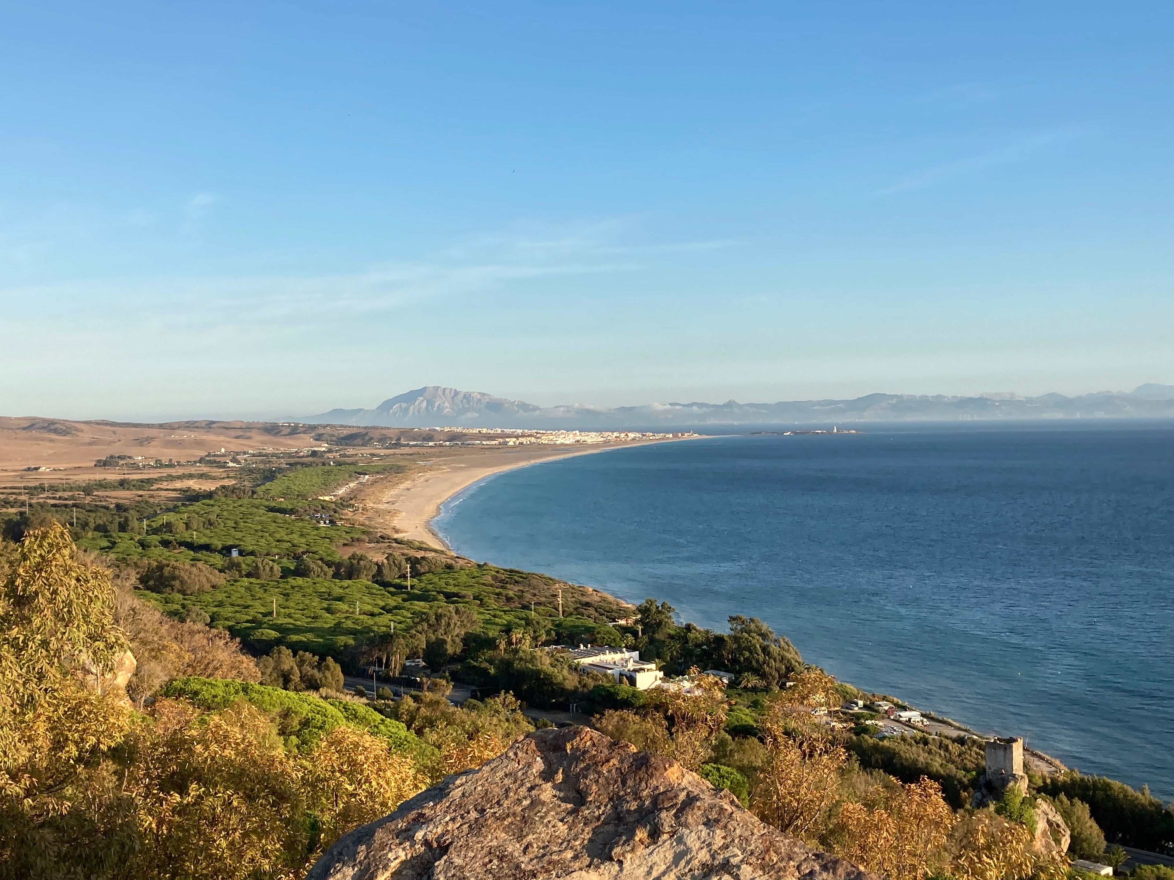 View towards Tarifa Bay with Los Lances Beach, Tarifa and Africa in the far back