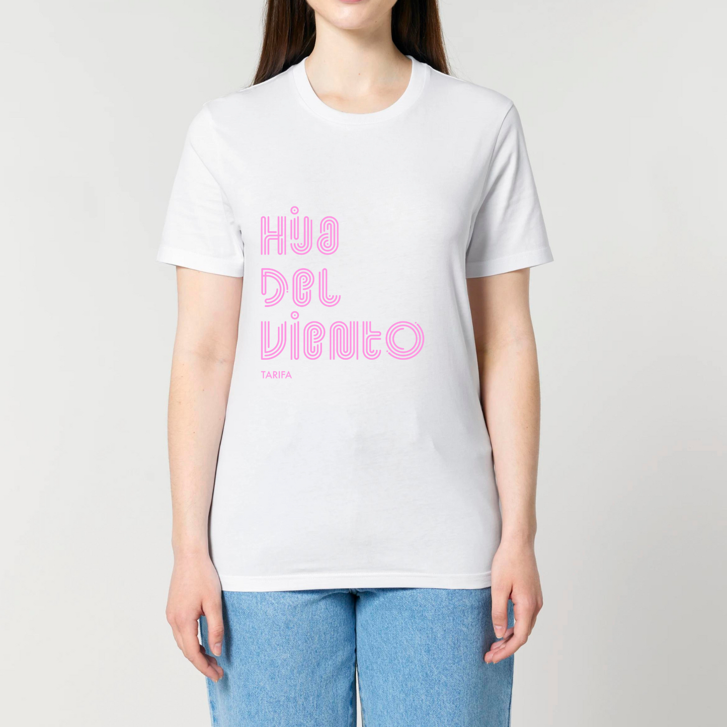 White t-shirt with pink neon inscription